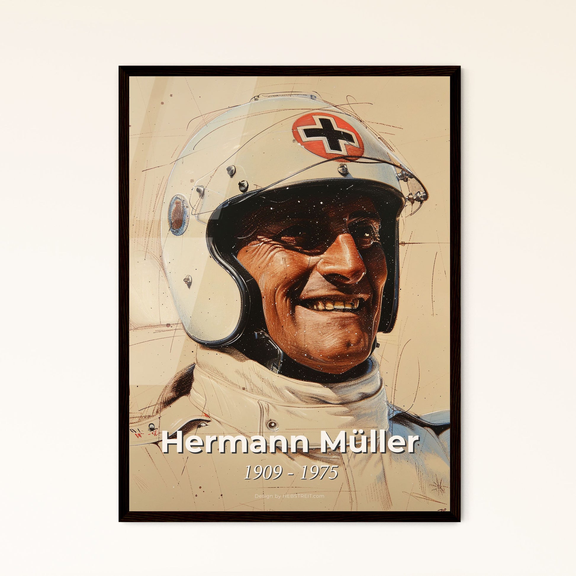 Dynamic Elegance: Hermann Müller, 1939 Grand Prix Champion – Contemporary Art Print on Beige, Framed or Aluminum Options