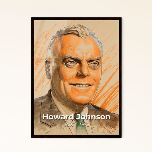 Timeless Tribute: Vibrant Contemporary Portrait of Howard Johnson, Iconic Hotelier, in Elegant Hues on Luxe Beige Canvas