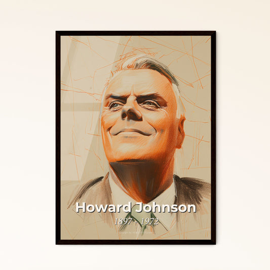 Vibrant Contemporary Portrait of Howard Johnson, 1897-1972: Iconic American Hotelier in Dynamic Lines & Subtle Hues on Beige Canvas