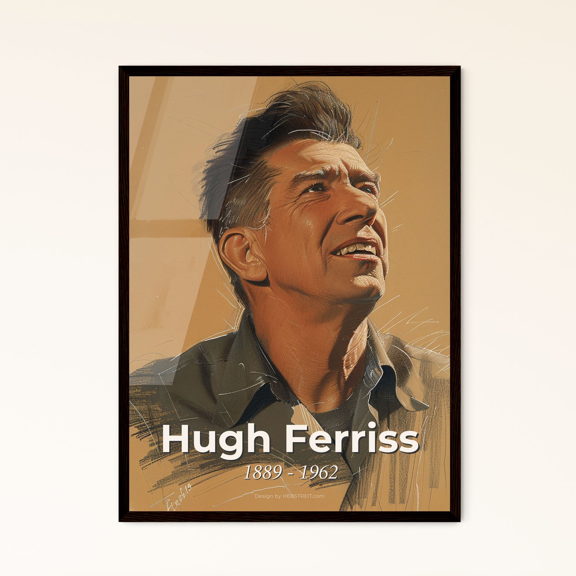 Captivating Architectural Portrait of Hugh Ferriss: Evocative Contemporary Art Print with Dynamic Lines & Subtle Hatching