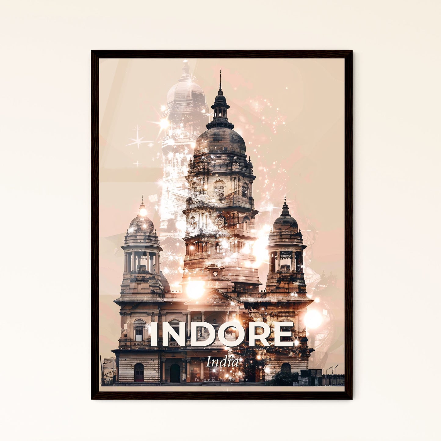 Indore, India: City Skyline Double Exposure Art Poster - A building with towers and lights