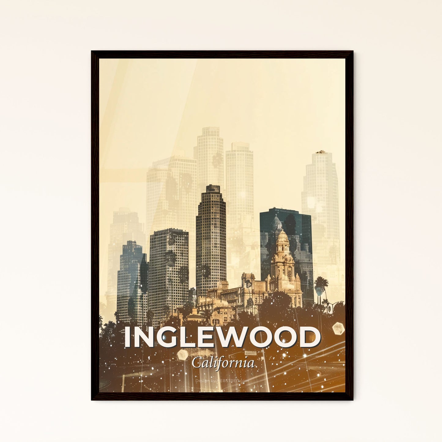 Inglewood California Landmark Skyline Art Print - A city skyline with trees and buildings