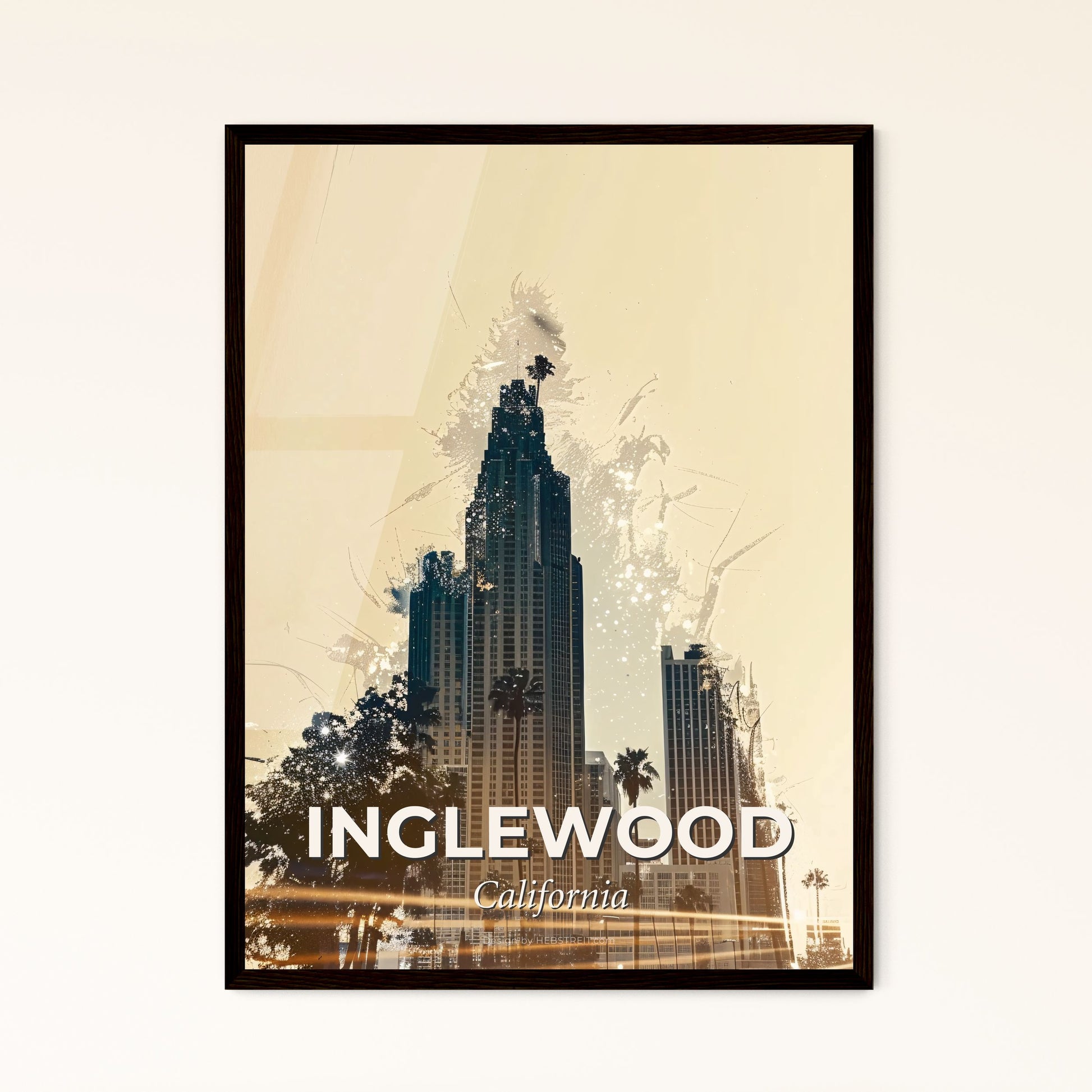 Inglewood Skyline Composite Art Poster - A city skyline with tall buildings and palm trees