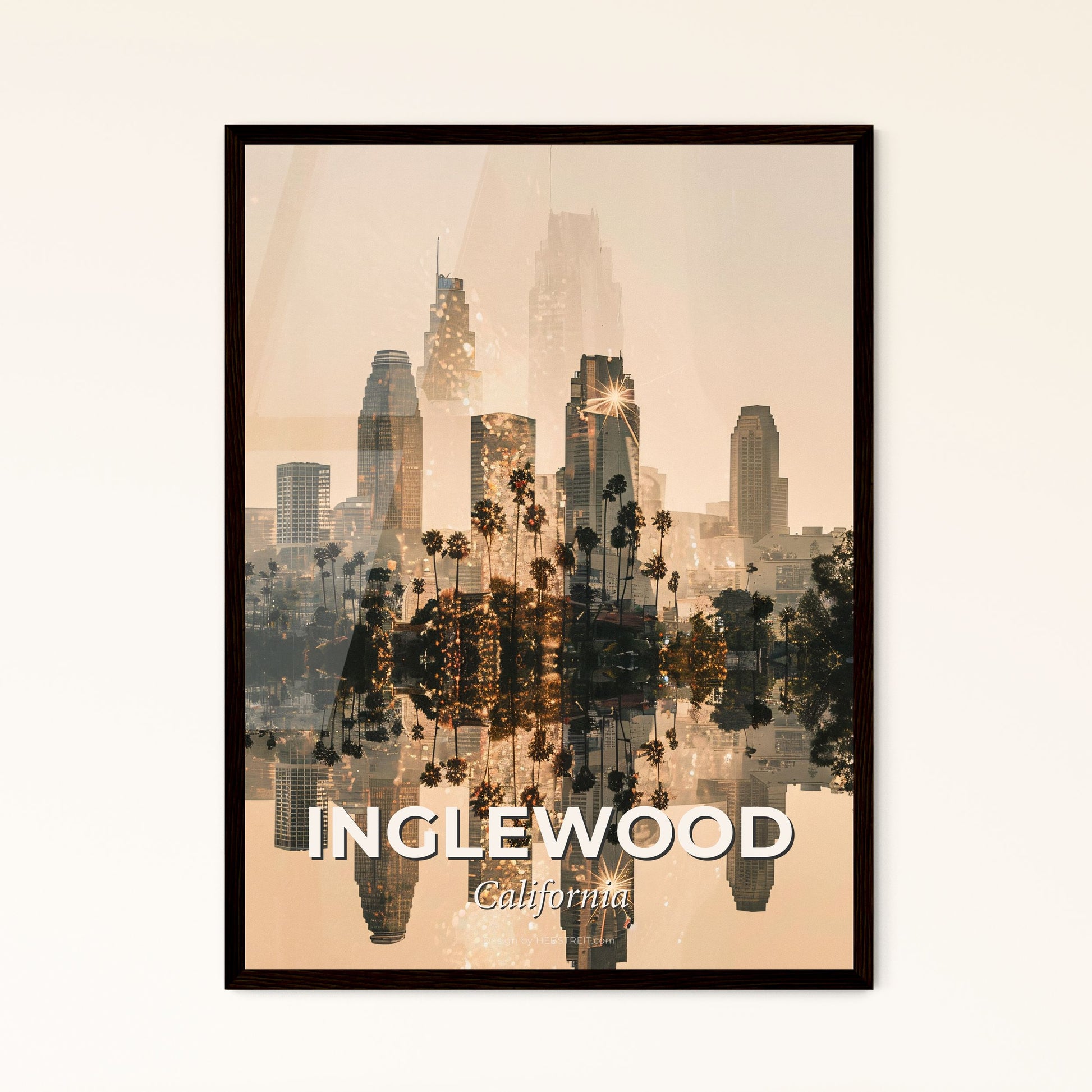 Inglewood Cityline Composite Skyline Poster Art - A city with trees and a reflection of the sun