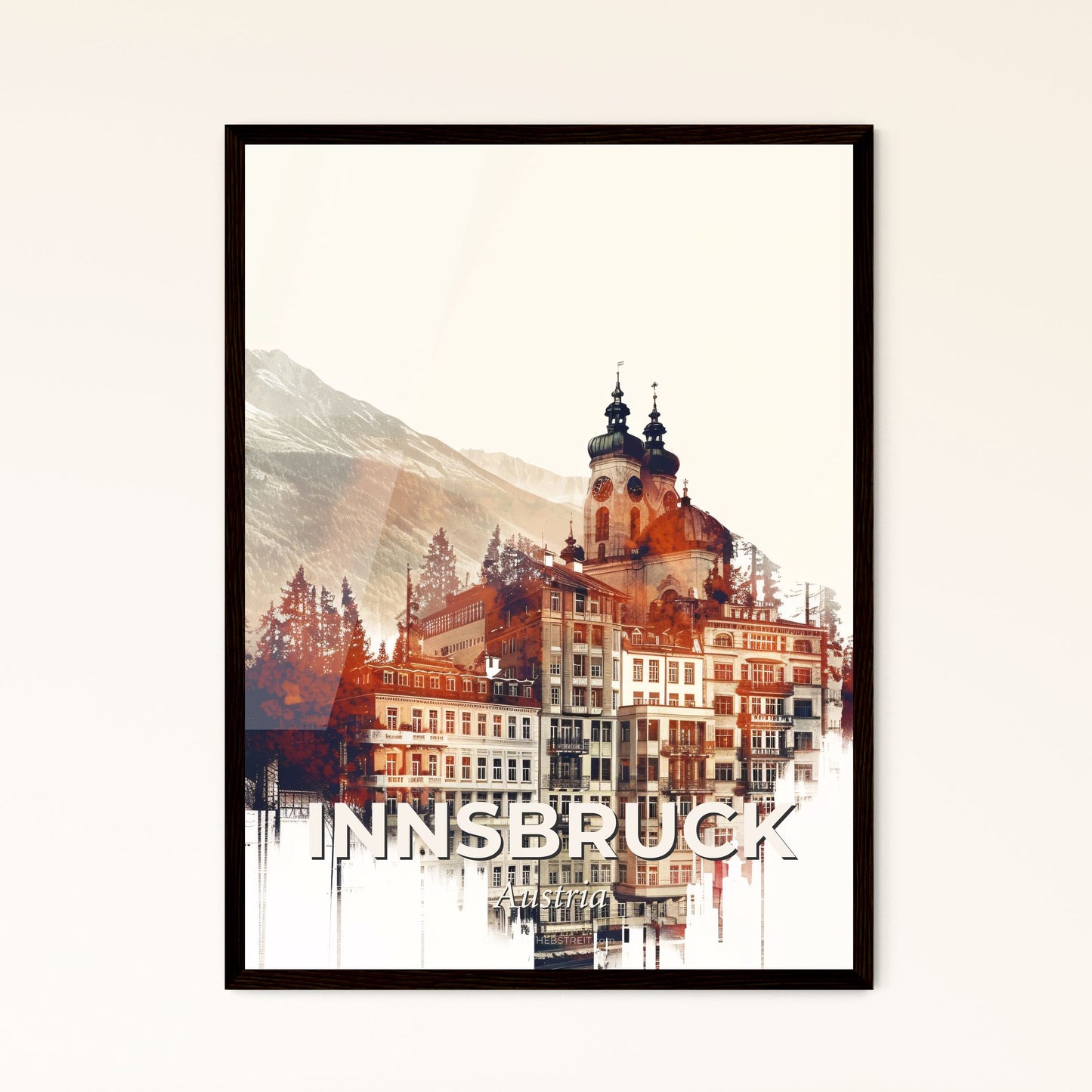 Innsbruck Skyline - Double Exposure Composite Art - A building with trees and mountains in the background