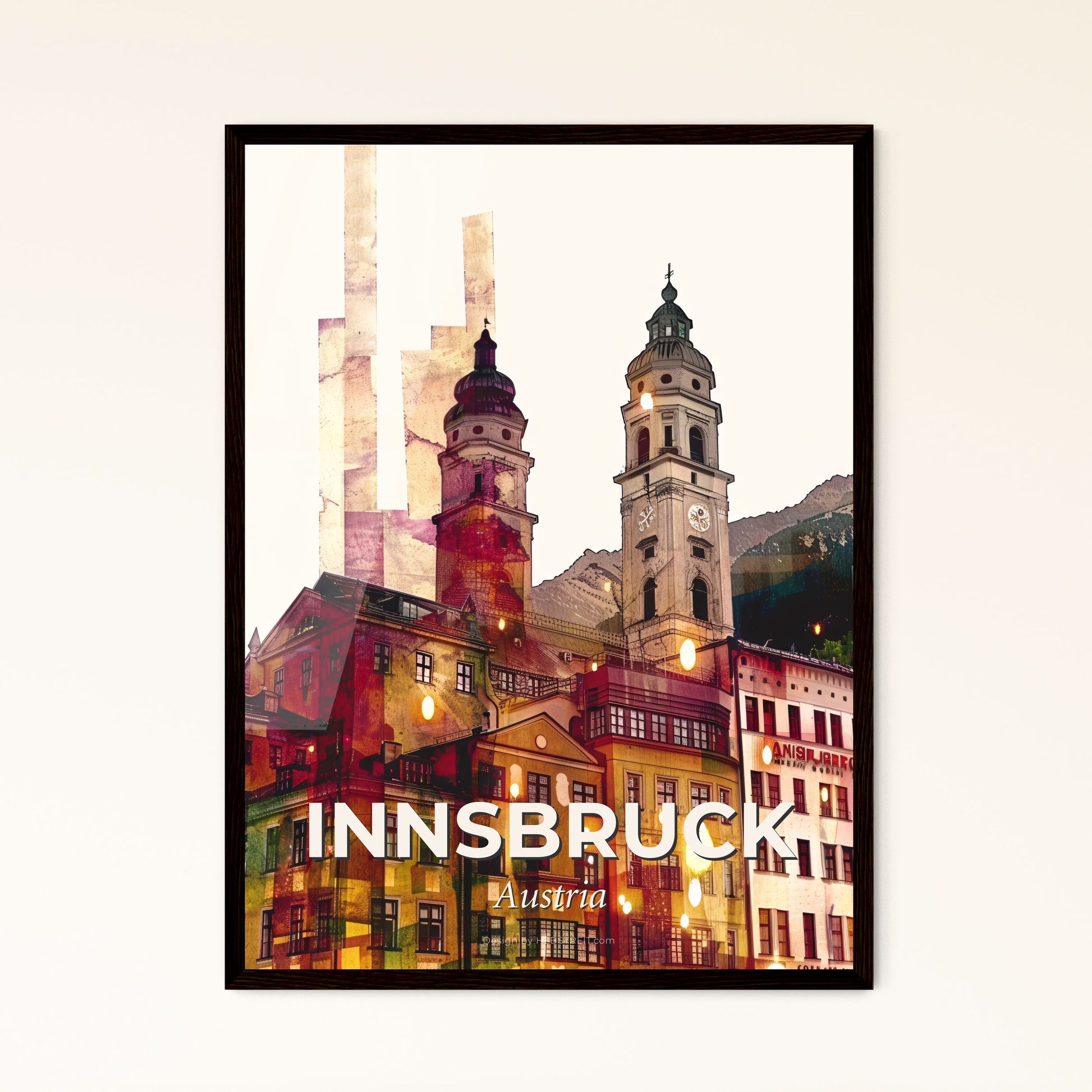 Innsbruck City Skyline Poster Art Bright Beige - A building with towers and mountains in the background