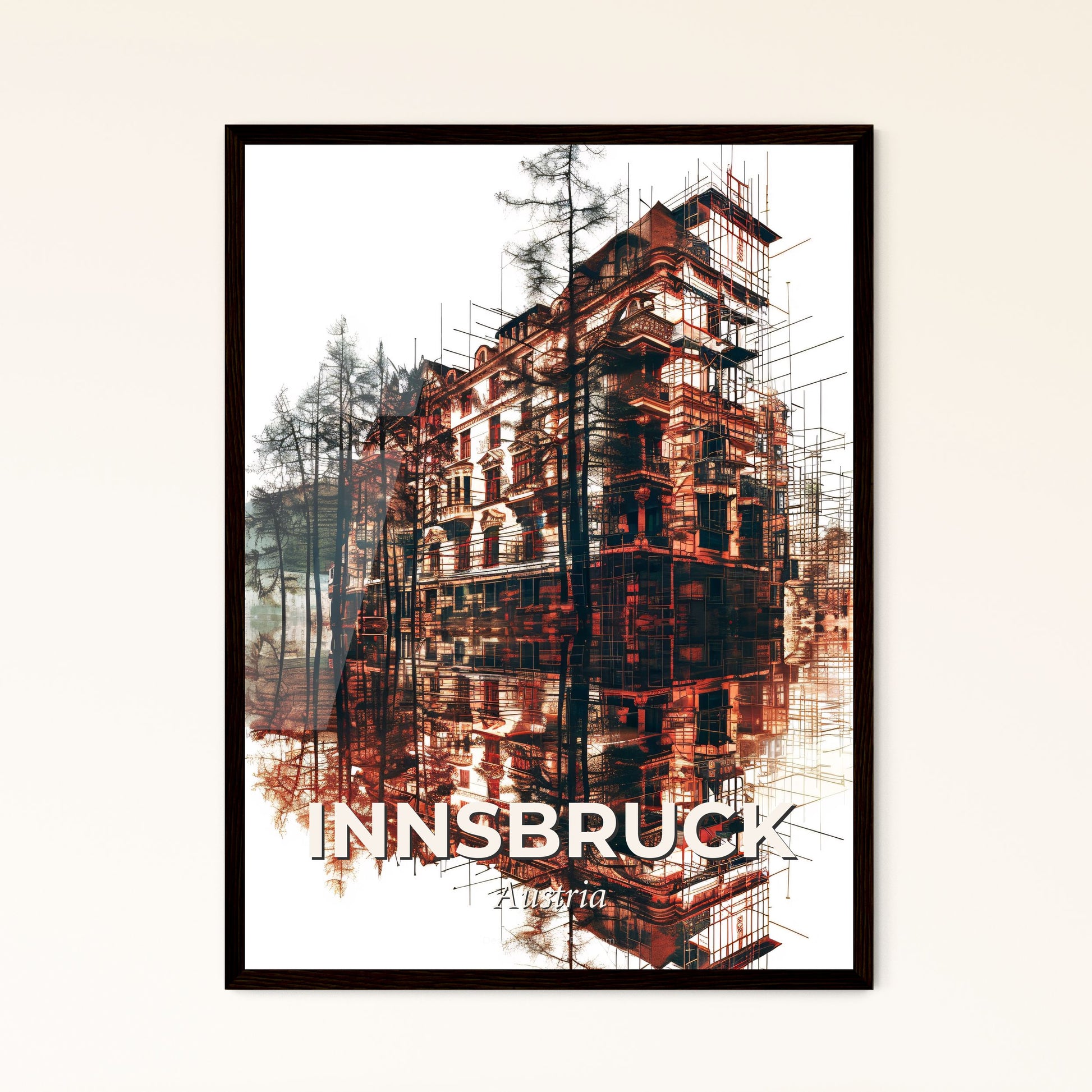 Innsbruck Skyline Double Exposure Art Poster - A building reflected in water