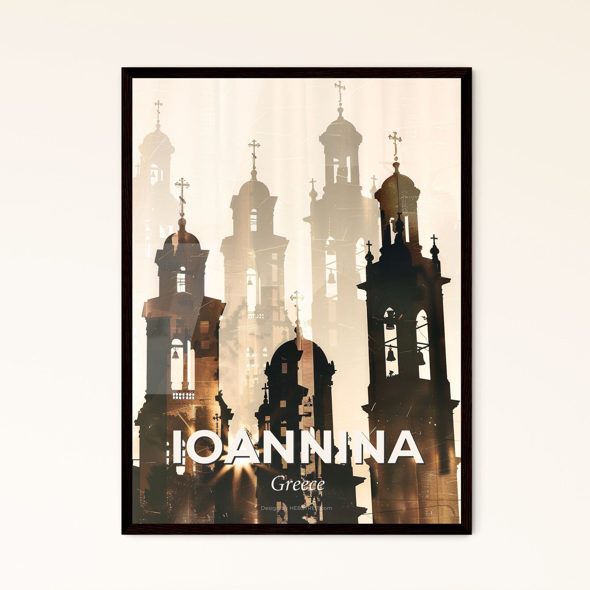 Ioannina City Skyline Double Exposure Poster - A silhouette of a church with a bell tower