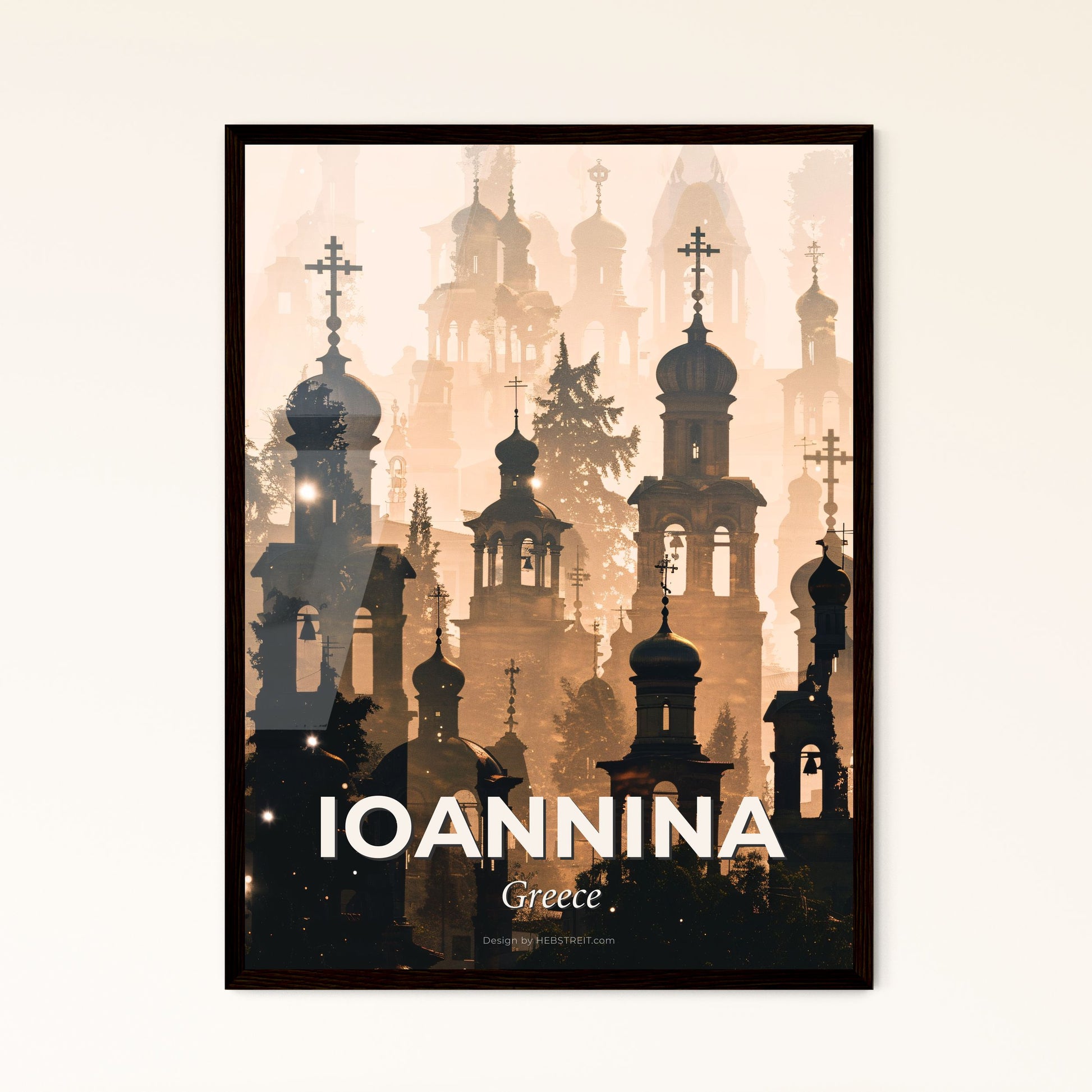 Ioannina City Skyline Silhouette Composite Art Print - A silhouette of a building with crosses