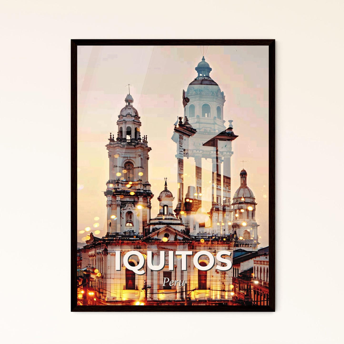 Iquitos Skyline Composite Art Bright Poster - A large building with towers and lights