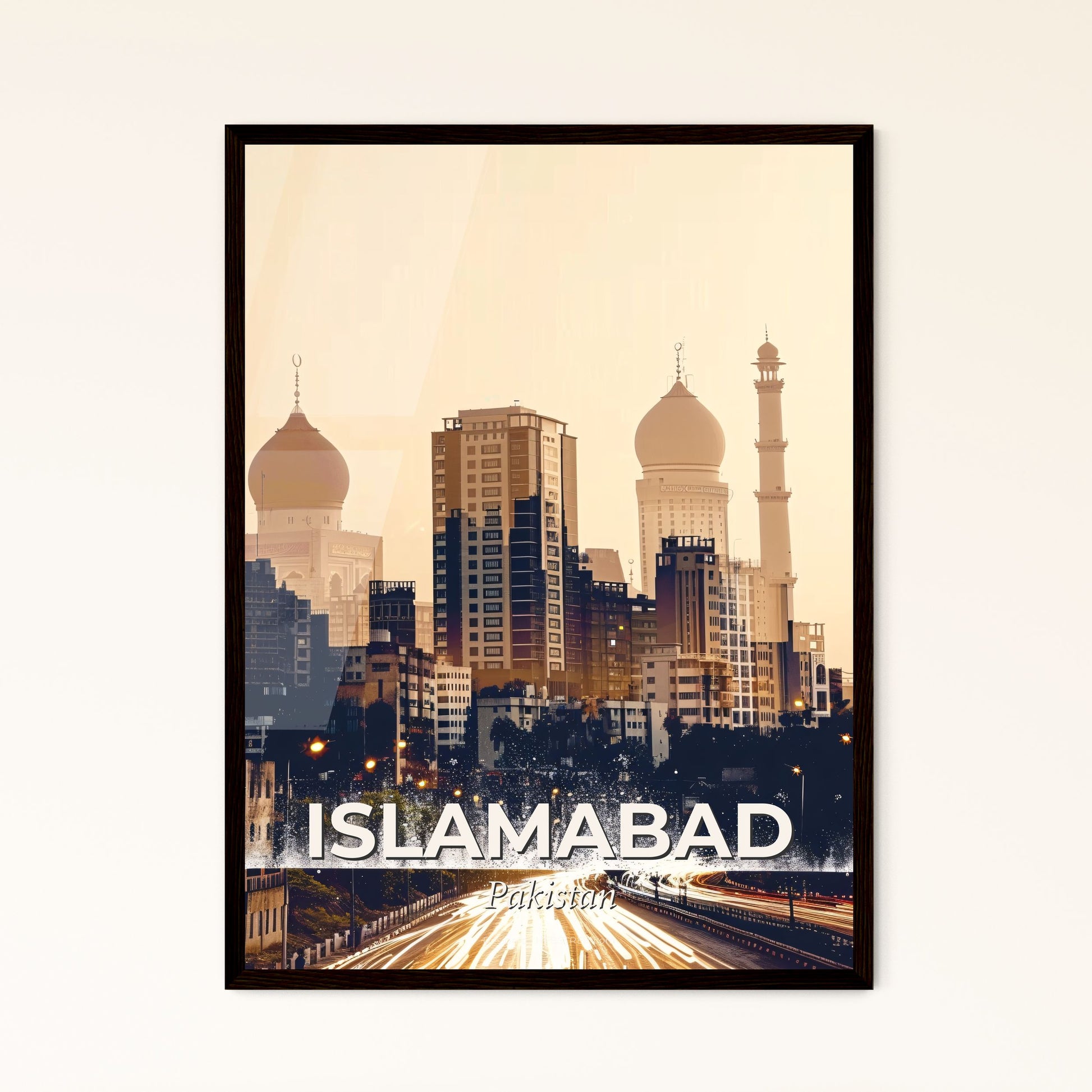 Islamabad Skyline Composite Art Vibrant Beige Minimalist - A city skyline with a fountain and tall buildings