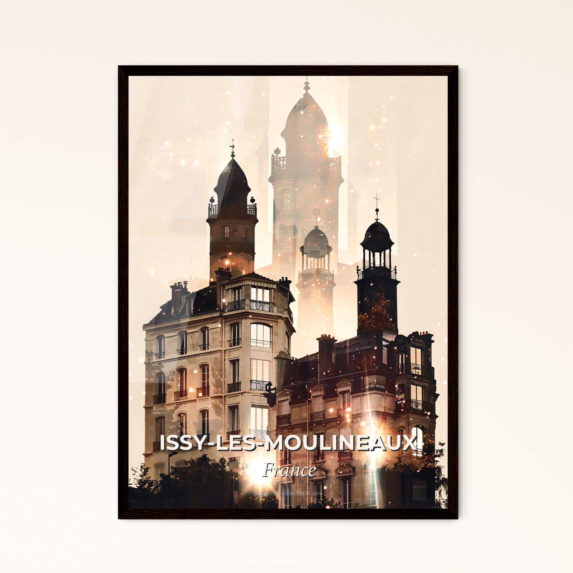 Issy Skyline: Double Exposure Silhouette Sparkle Beige - A building with towers and a tower in the background