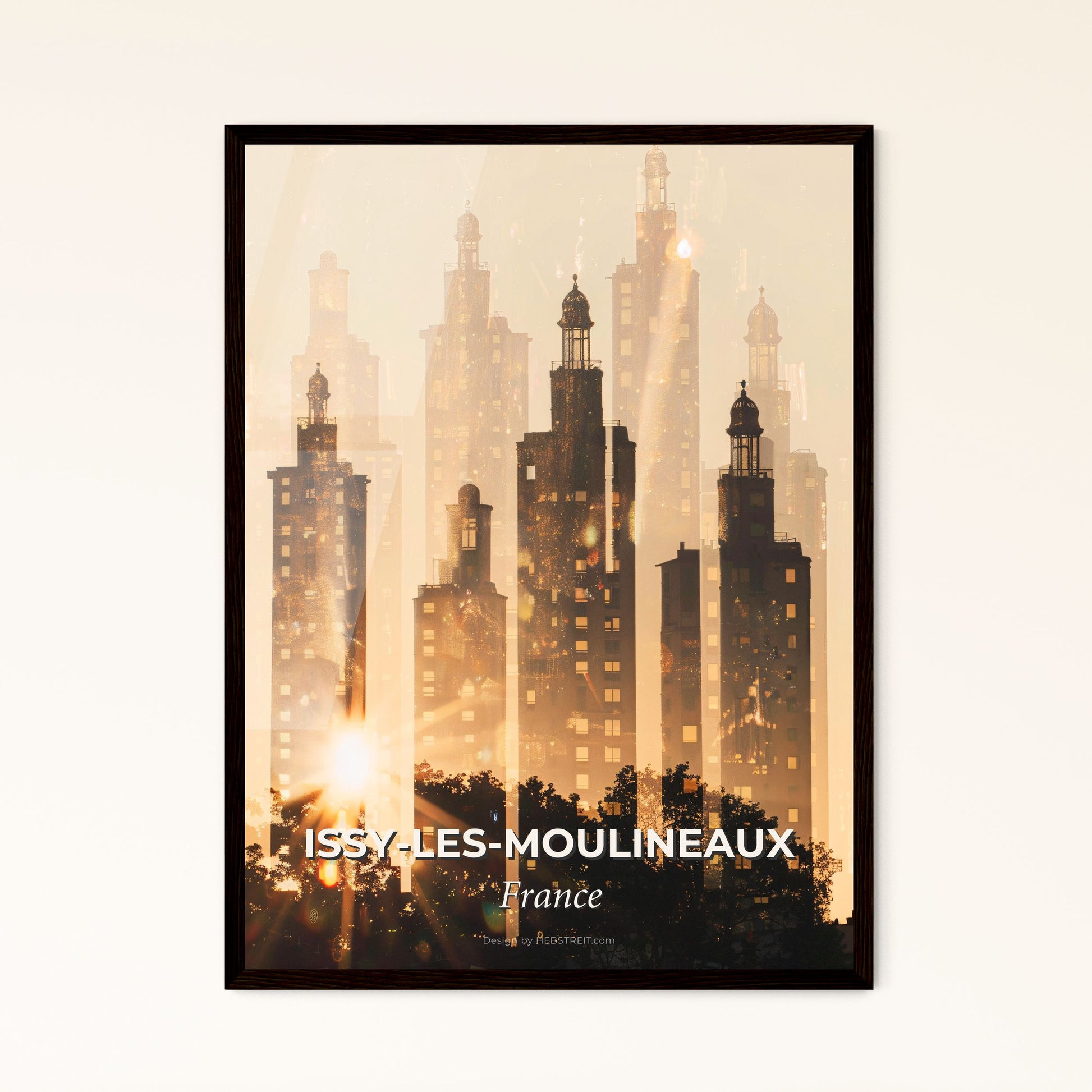 Issy-les-Moulineaux Skyline Silhouette Art - A group of tall buildings with the sun shining through them