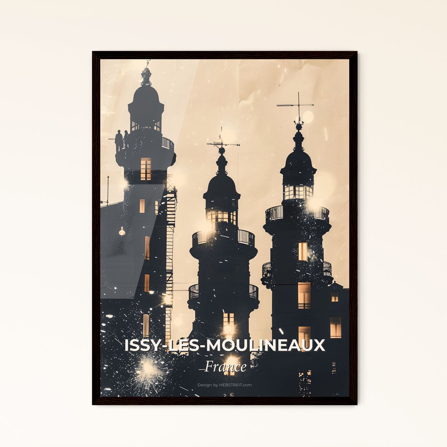 Issy-les-Moulineaux: Dreamy City Skyline Poster - A silhouette of a building with towers and lights