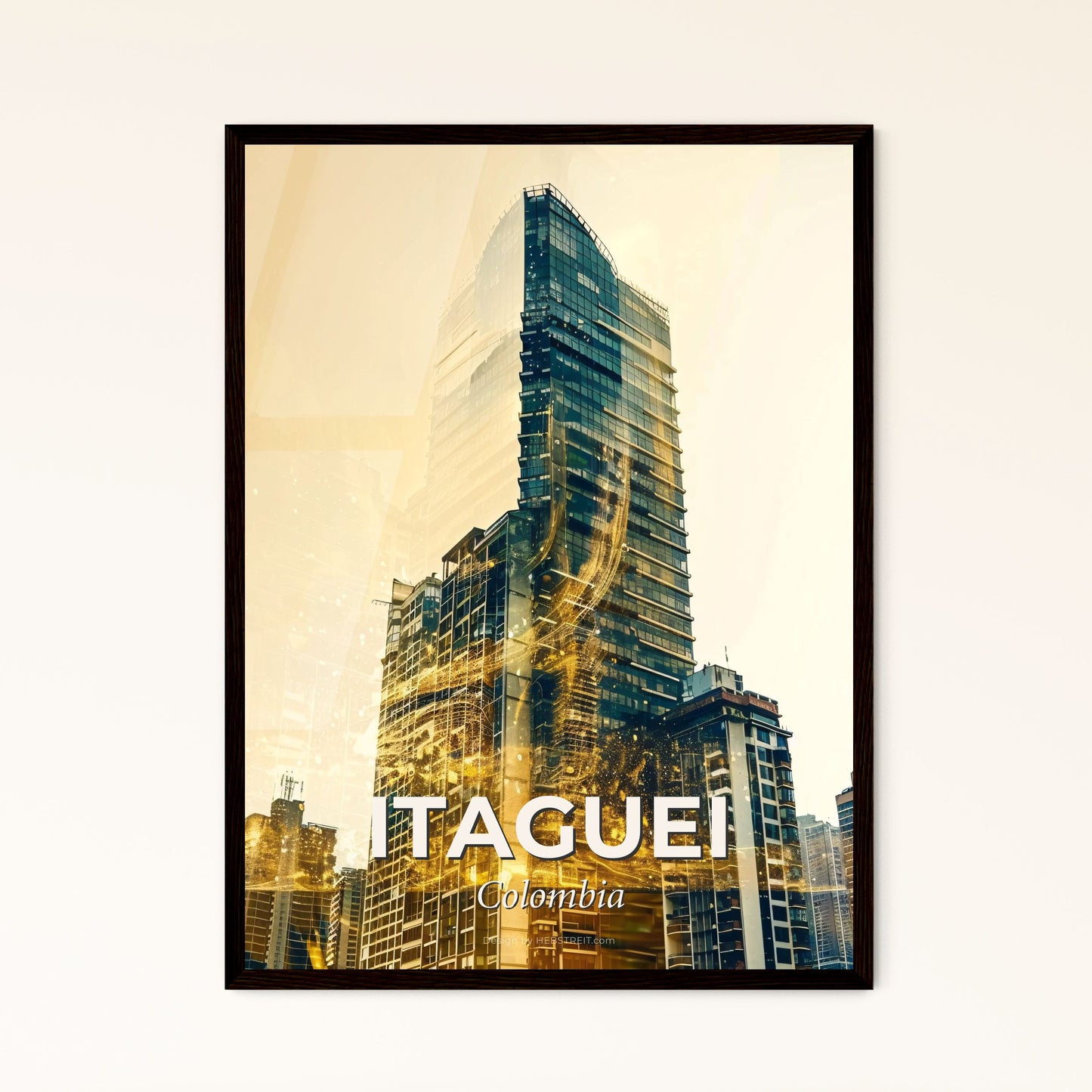 Itaguei Skyline Double Exposure Art Poster - A tall building with a golden light