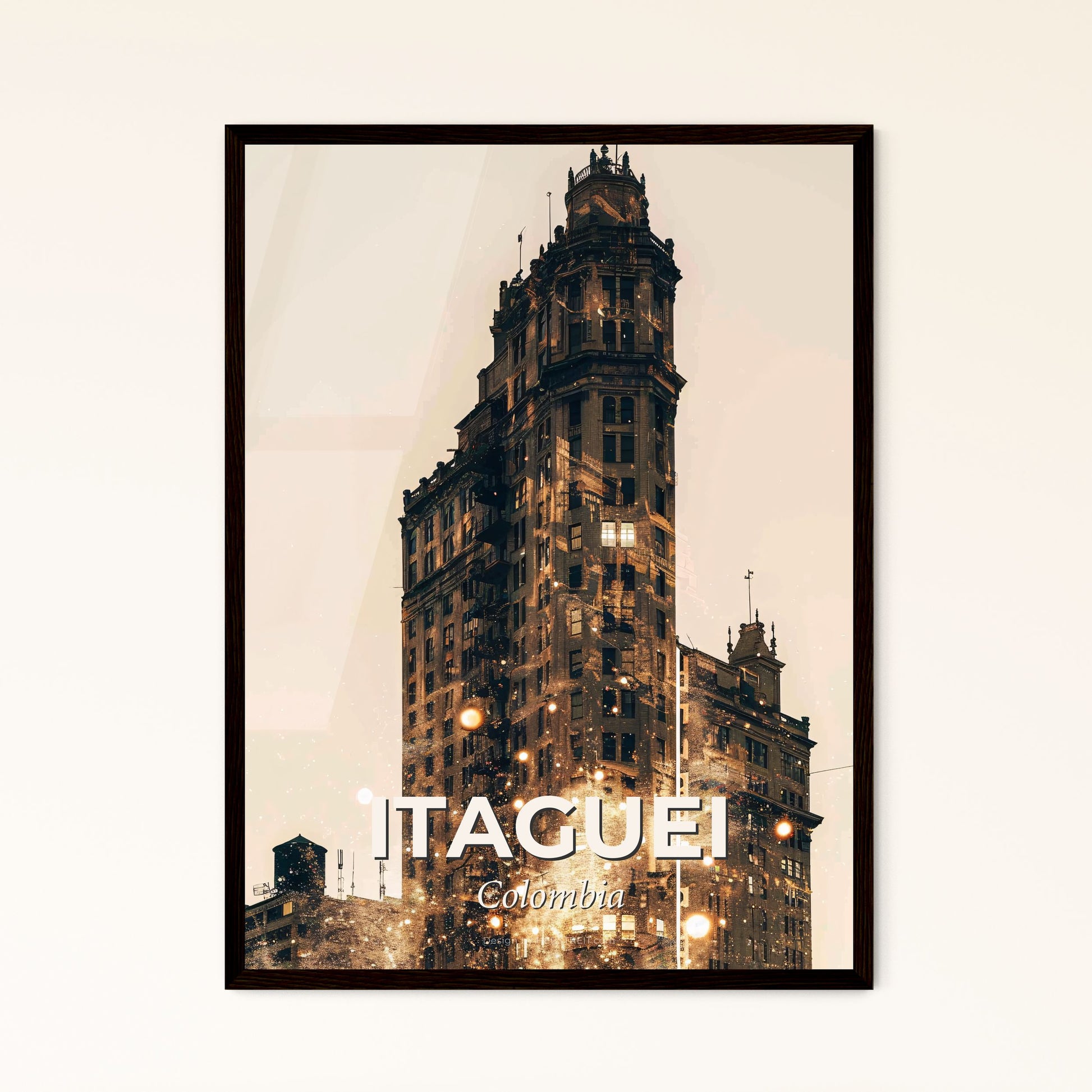 Itaguei, Colombia: City Skyline double exposure poster - A tall building with a tower