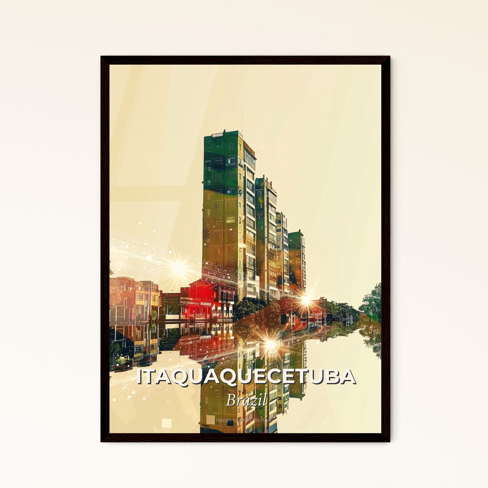 Itaquaquecetuba Skyline Poster Art Beige Sparks - A city with buildings and trees