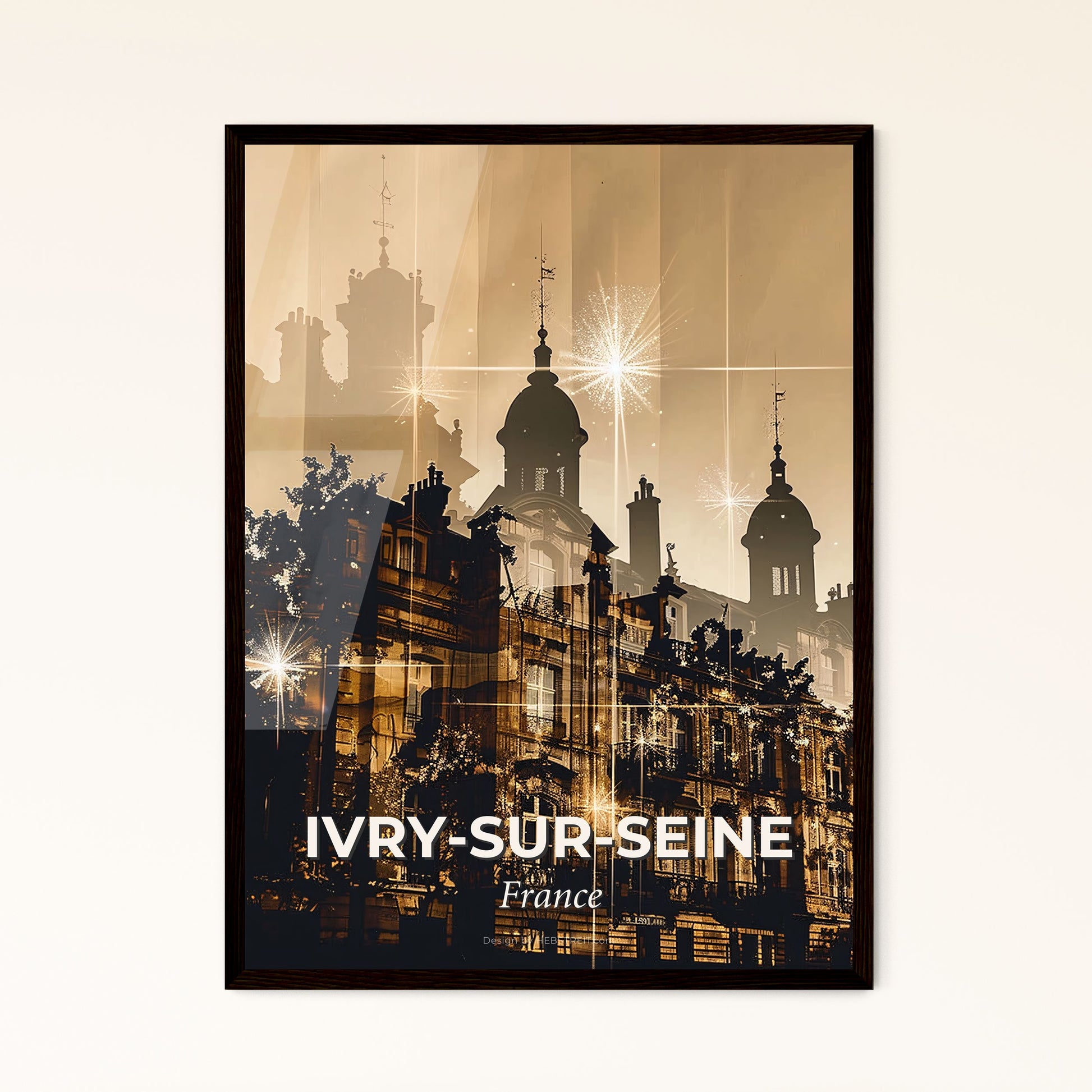 Ivry-sur-Seine Double Exposure Skyline Poster - A building with a tower and stars