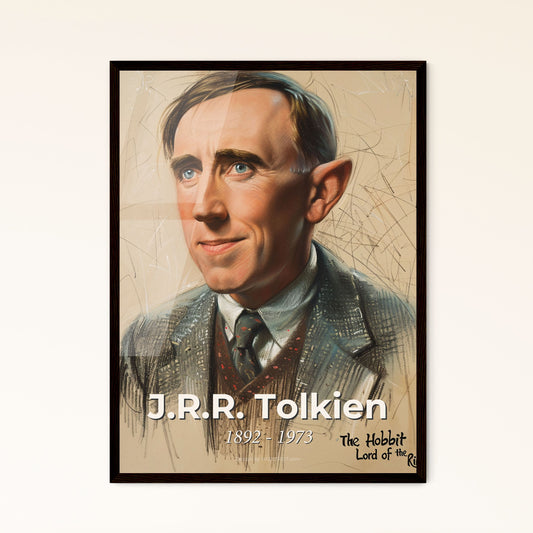 Charming Portrait of J.R.R. Tolkien: Enchanting Contemporary Art Print on Beige with Dynamic Lines & Elegant Highlights