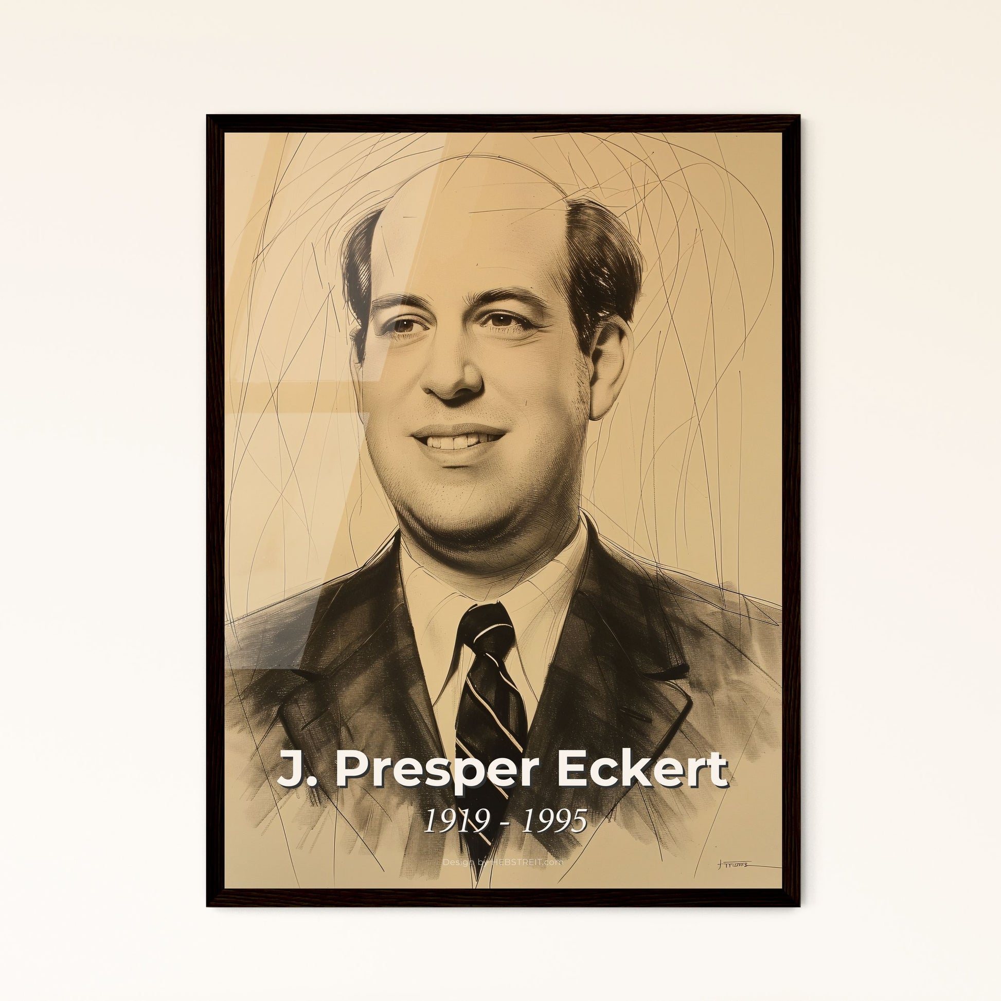 ENIAC Visionary: J. Presper Eckert Portrait - Contemporary Art Print on Beige, Elegant Lines & Highlights – Perfect for Home Decor!