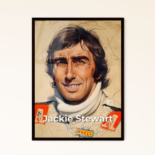 Jackie Stewart: Iconic Racing Legend in Contemporary Art – A Stunning Tribute to Safety Advocacy and Elegance on Bright Beige