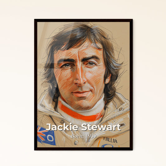 Dynamic Portrait of Jackie Stewart: A Three-Time F1 Champion Advocating Safety, Captured in Sensual Lines and Vivid Hatching