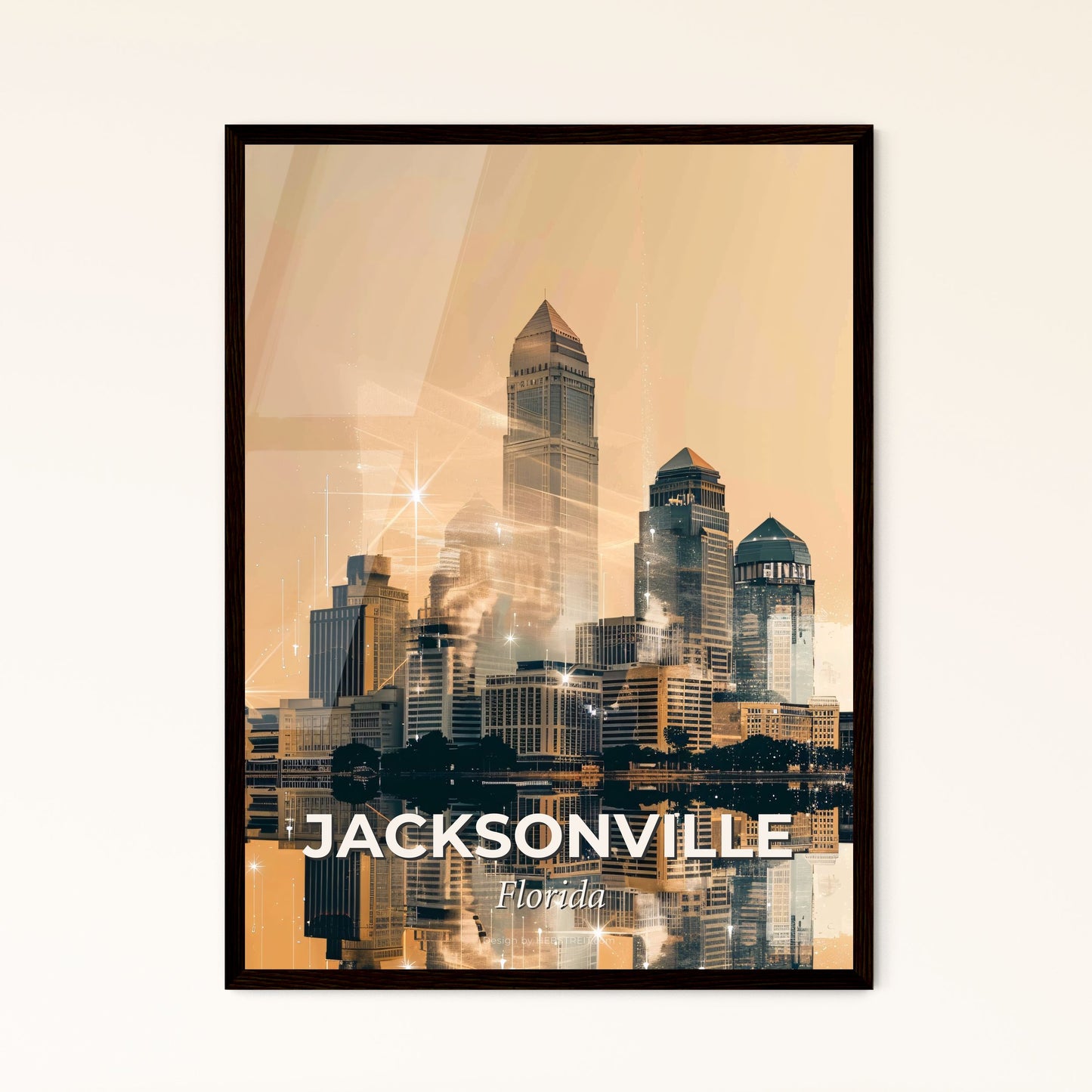 Jacksonville City Skyline Double Exposure Art Poster - A city skyline with a reflection of the sun