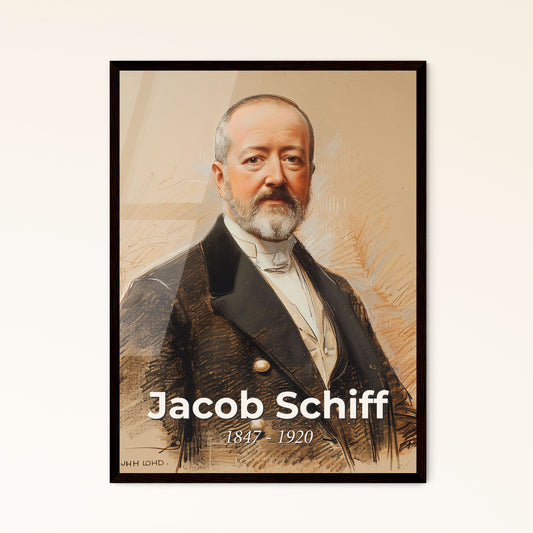 Elegance in Finance: Jacob Schiff (1847-1920) - Captivating Contemporary Portrait on Beige, Perfect for Home Decor & Gifts