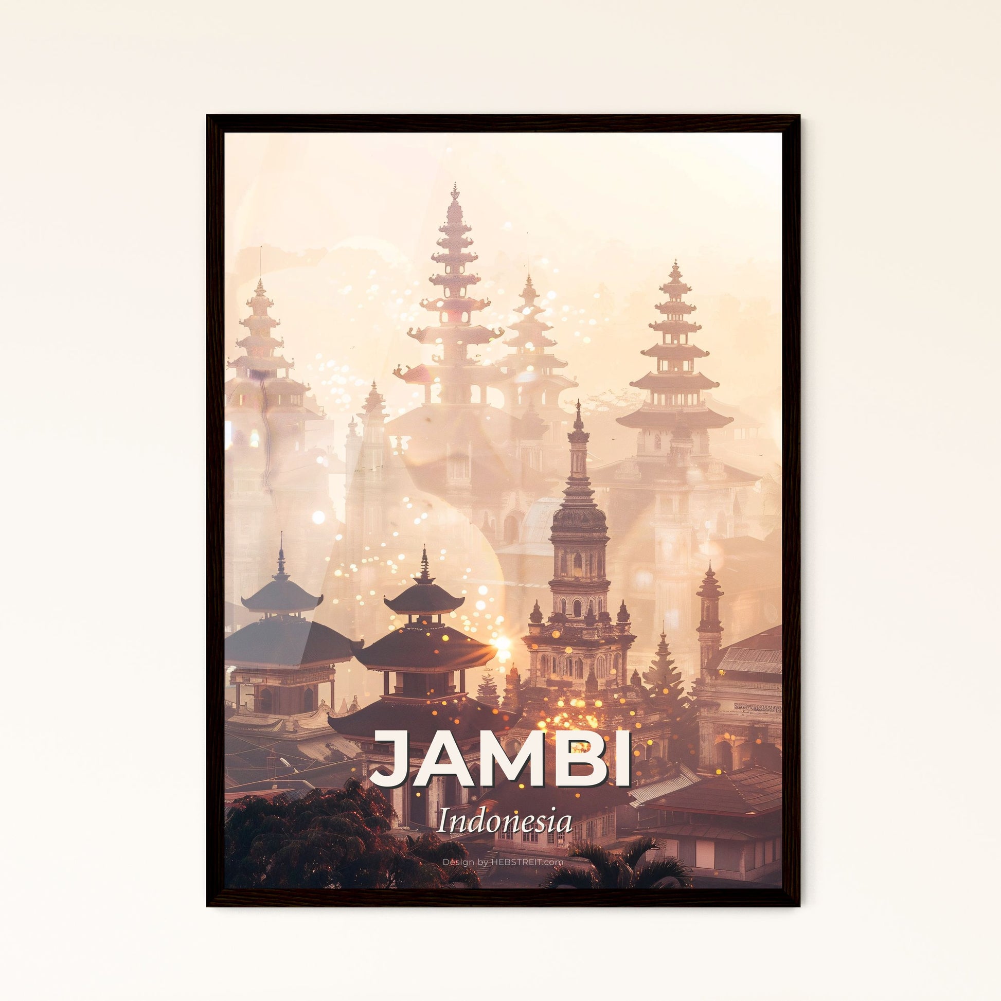 Jambi Skyline Double Exposure Art Print - A group of buildings with towers