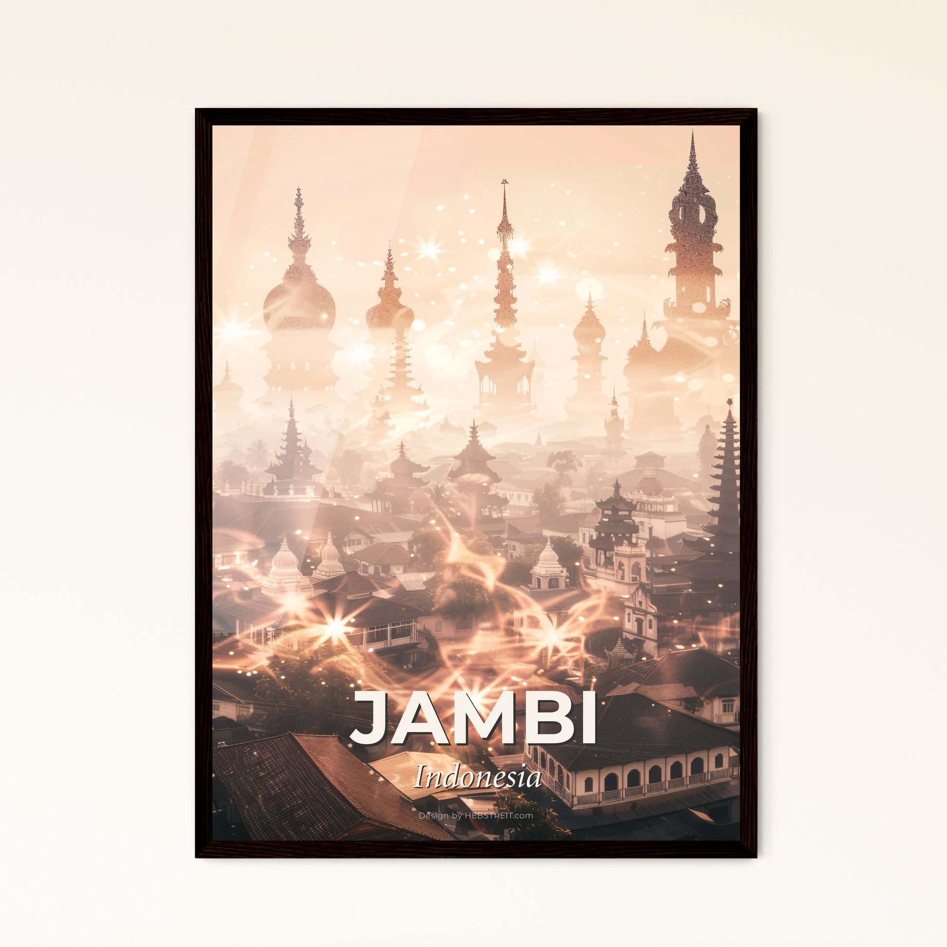 Jambi Skyline Architecture Double Exposure Poster Art - A city with many towers and a large building