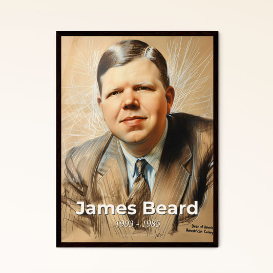 Captivating Portrait of James Beard: The Dean of American Cookery – A Stunning Tribute on Bright Beige, Perfect for Home Decor