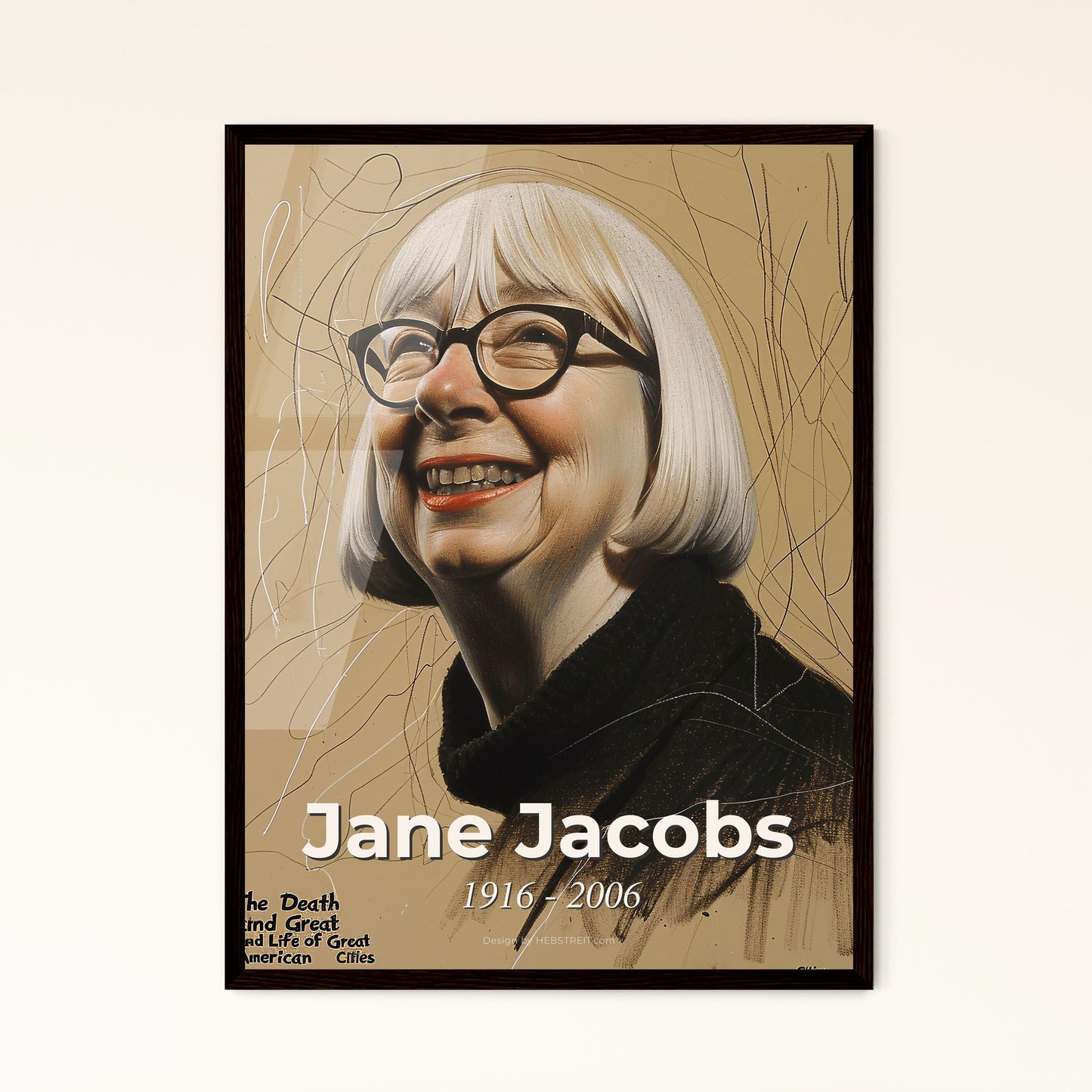 Elegant Tribute to Jane Jacobs: Contemporary Portrait of an Urban Visionary on Beige, Perfect for Home Décor & Thoughtful Gifts