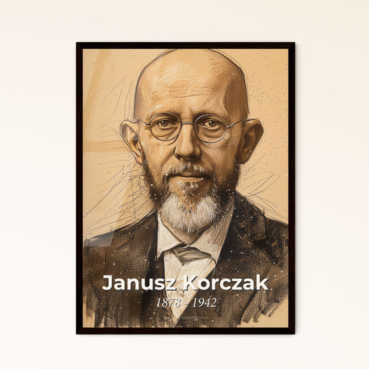 Janusz Korczak: Celebrating the Spirit of Children's Rights - Elegant Contemporary Art Print on Bright Beige with Dynamic Lines