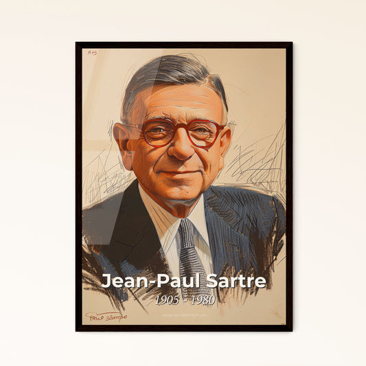 Captivating Sartre: Elegant Existentialist Portrait - Unique Contemporary Art Print on Beige, Framed or Aluminum Options Available!