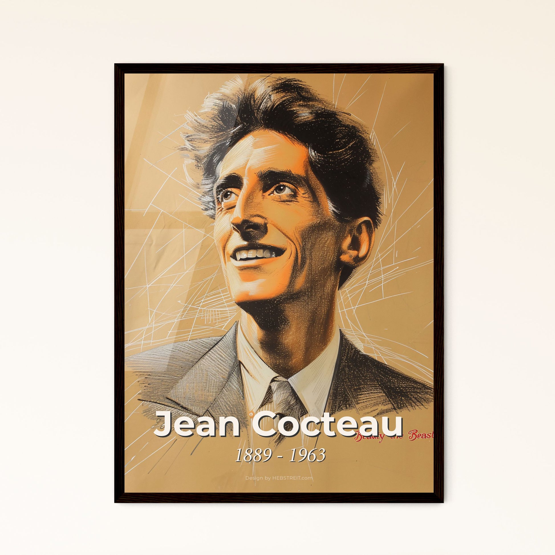 Avant-Garde Elegance: Jean Cocteau Portrait - Captivating Contemporary Art Print on Beige with Dynamic Lines & Subtle Hatching