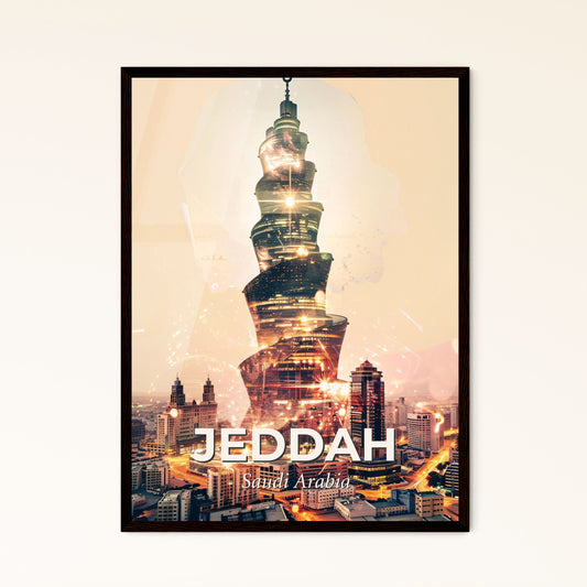 Jeddah Skyline Double Exposure Art Print - A tall building with a spiral top