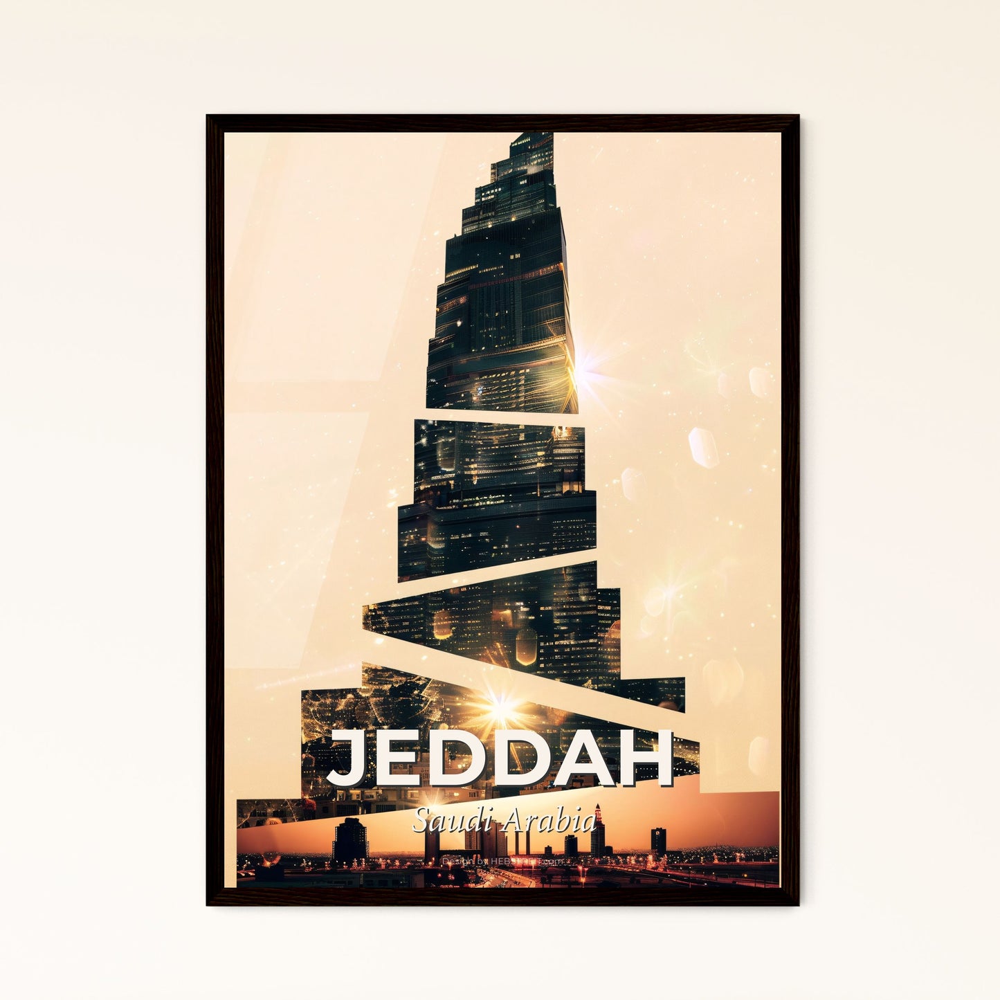 Jeddah Skyline Double Exposure Minimalist Beige - A skyscraper with many windows