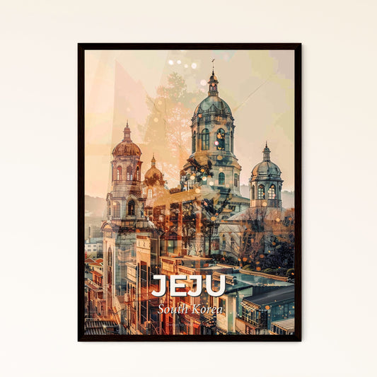 Jeju Skyline Heritage Fusion Art Poster - A large building with towers and a city in the background