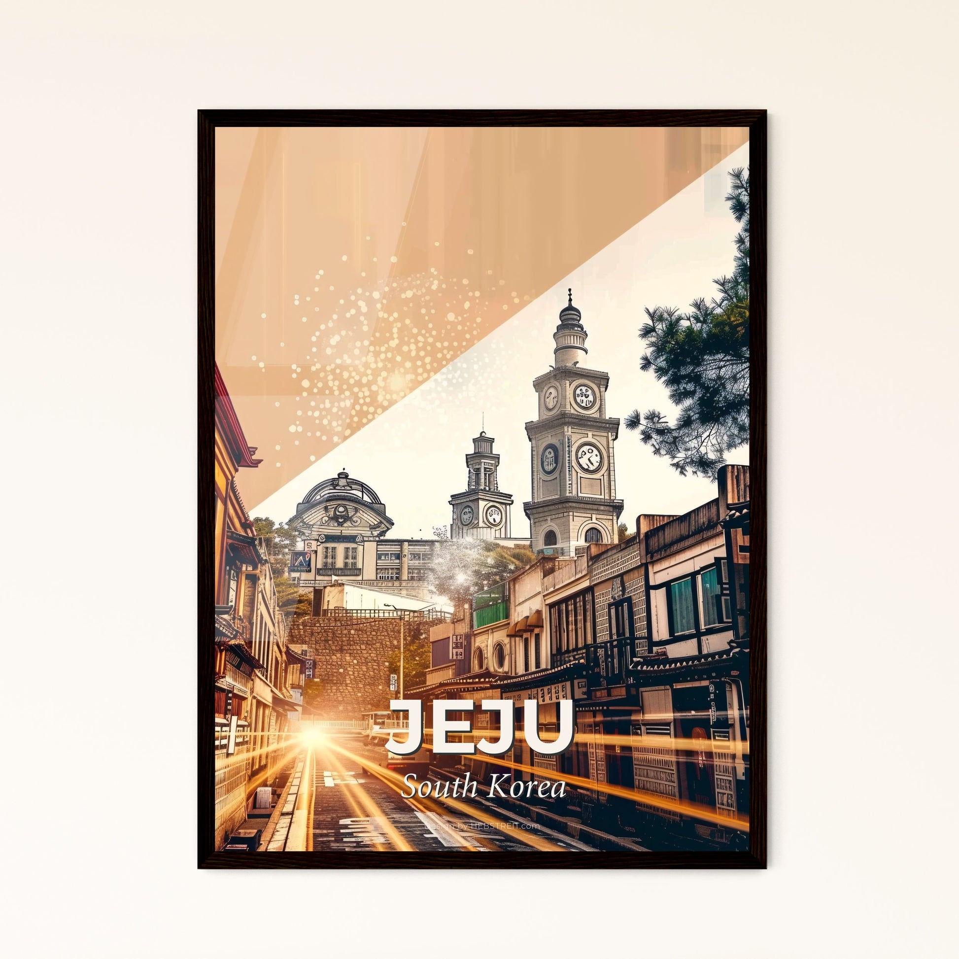 Jeju Skyline Double Exposure Poster, Local Icons - A street with a clock tower in the background