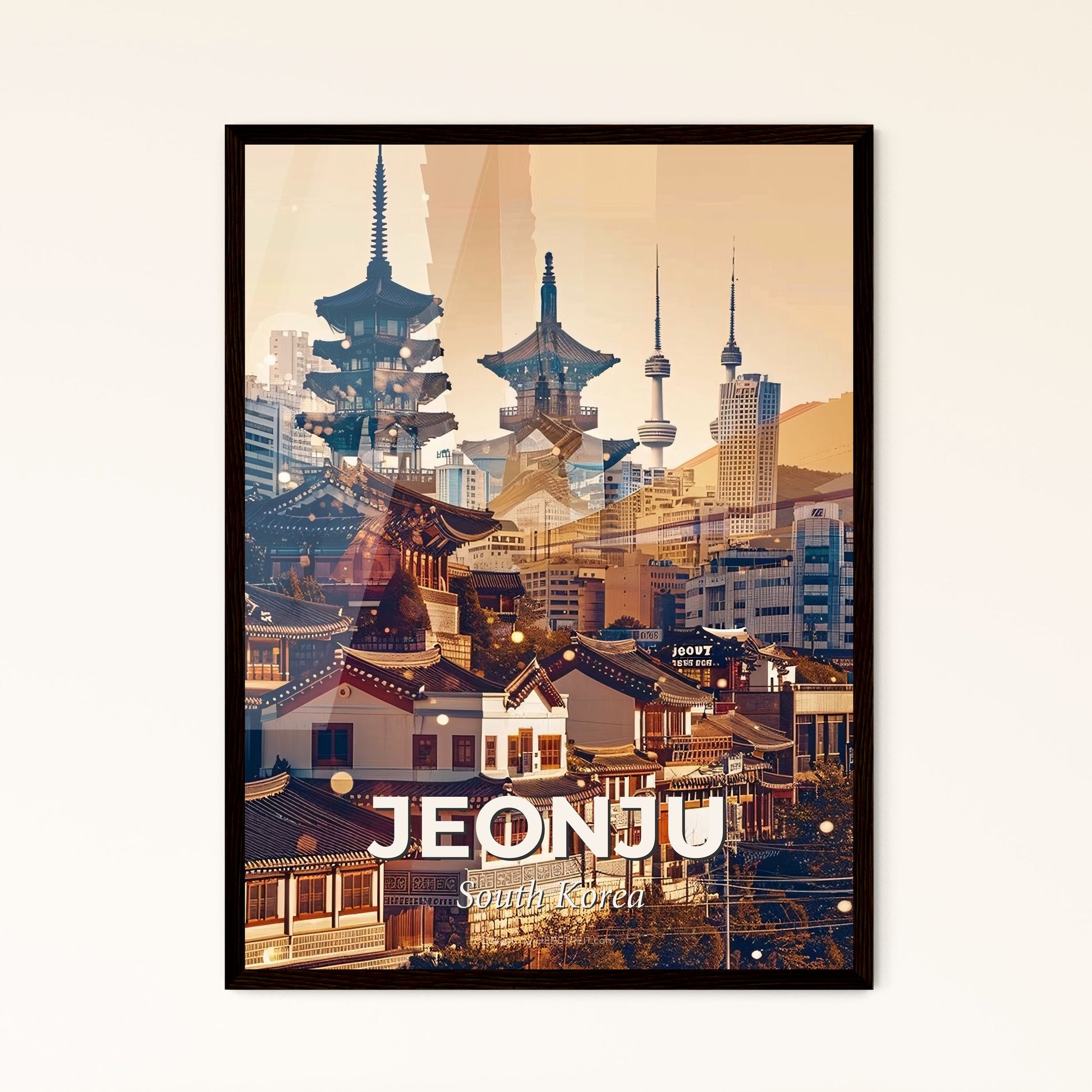 Jeonju City Skyline Double Exposure Art Poster - A city with many buildings