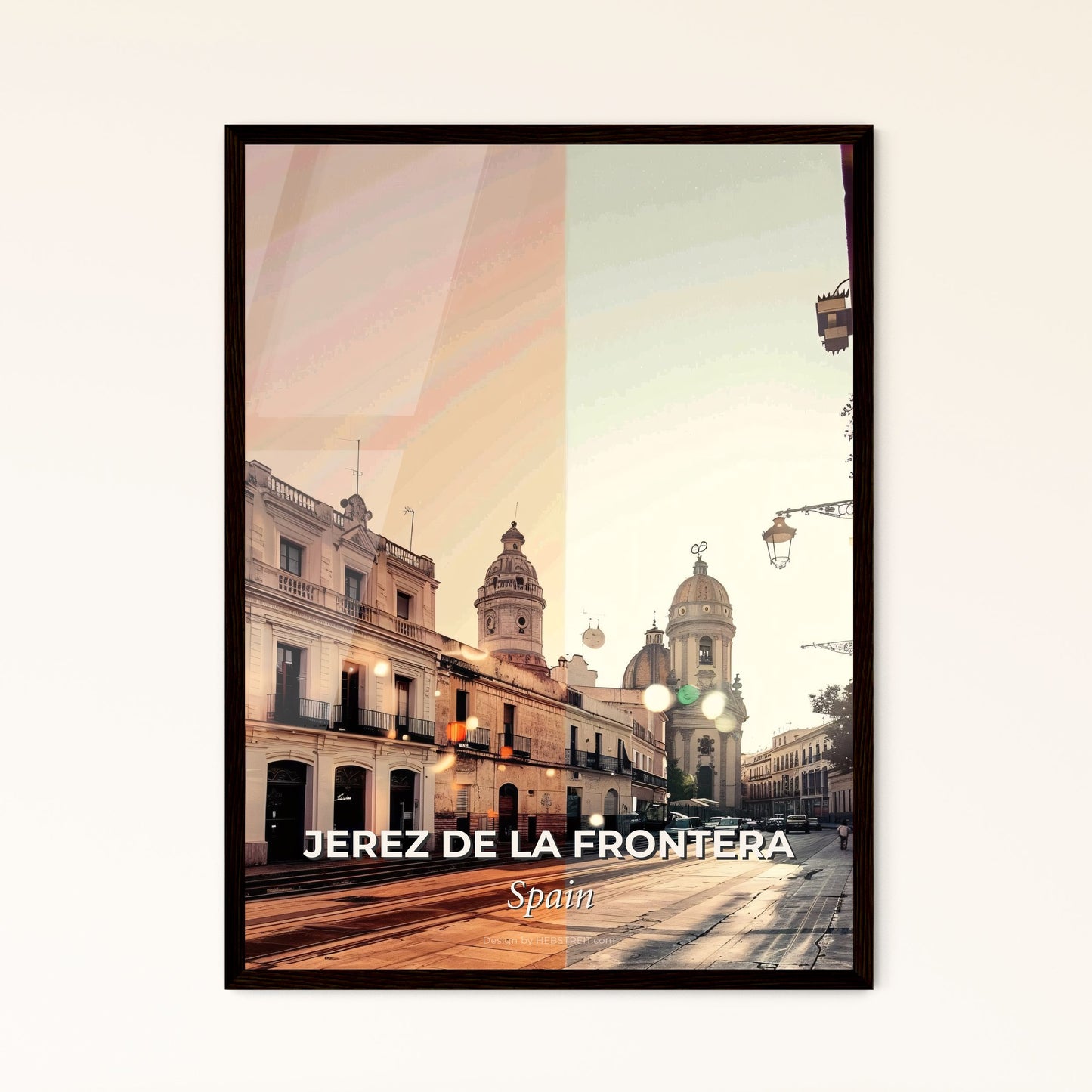 Jerez de la Frontera Skyline Cityscape Poster Art - A street with buildings and a church