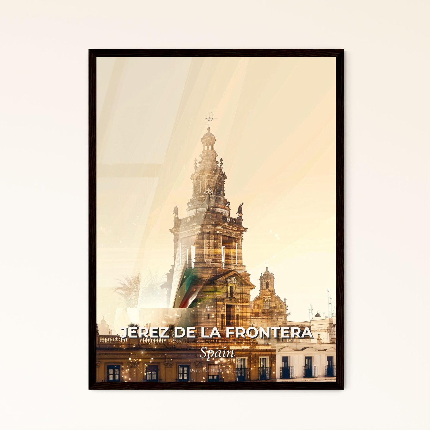 Jerez de la Frontera Skyline Landmarks Double Exposure Beige Poster - A building with a tower