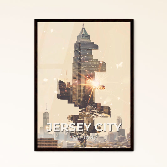 Jersey City Skyline Dreamy Exposure Poster - A city skyline with a large building