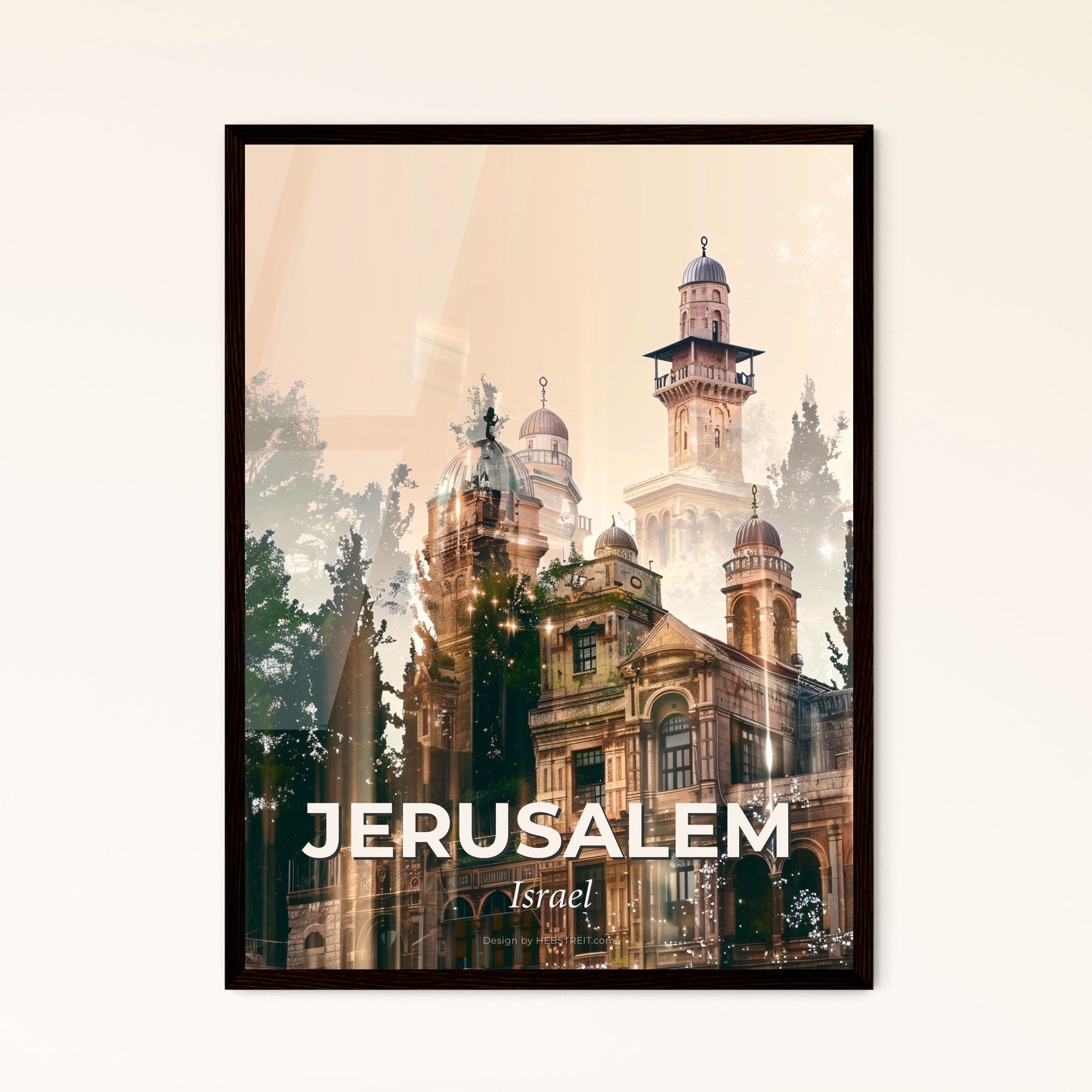 Jerusalem Skyline Double Exposure Art Print - A building with towers and trees