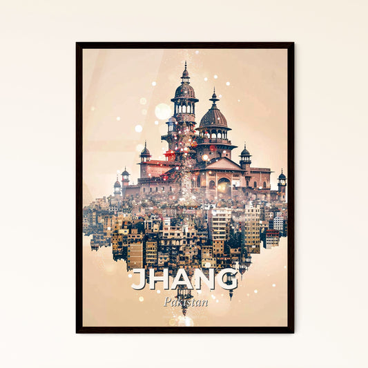 Jhang Skyline Double Exposure Poster Art - A large building with towers and towers over a city