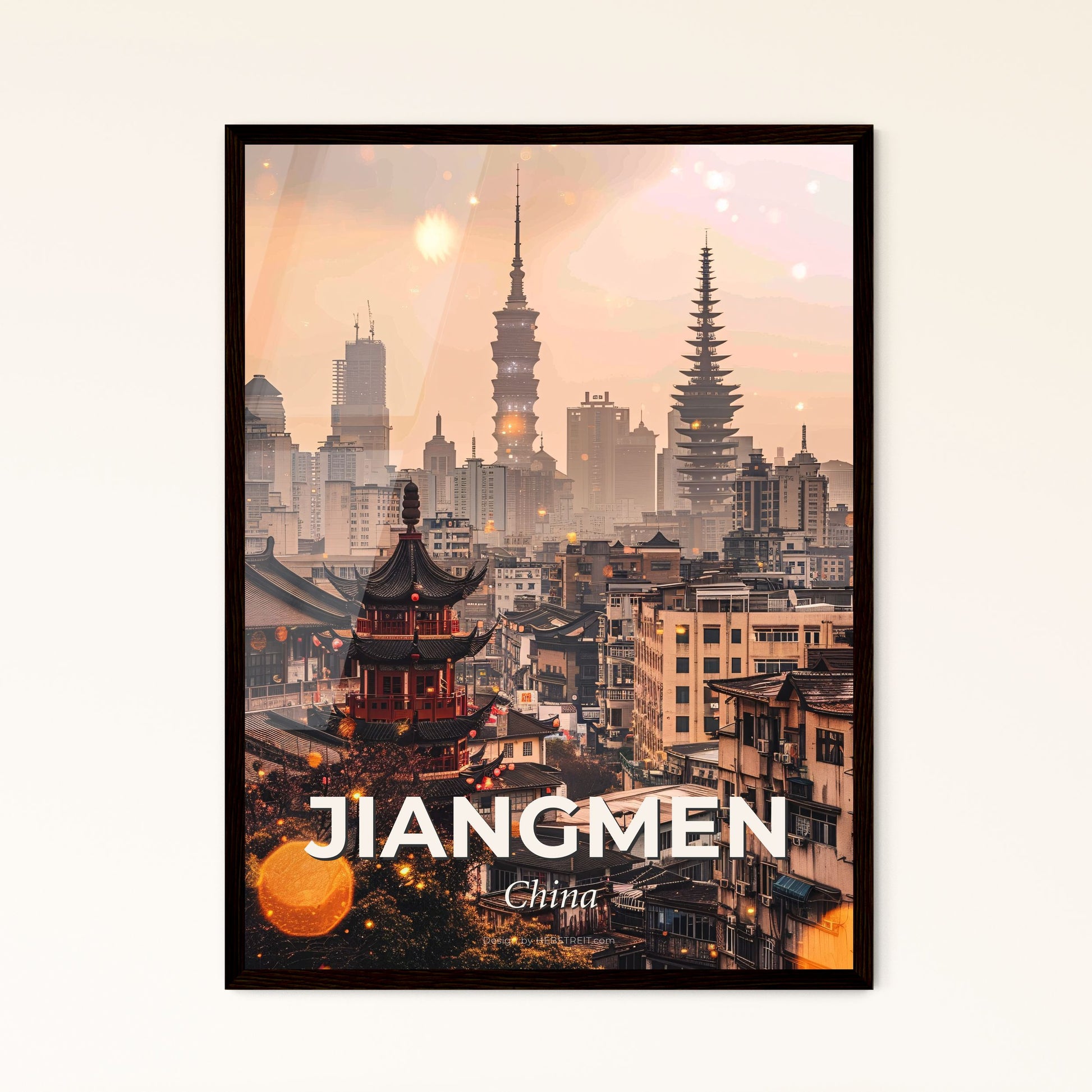 Jiangmen Skyline Double Exposure Cityscape Art - A city with tall buildings and a tall tower