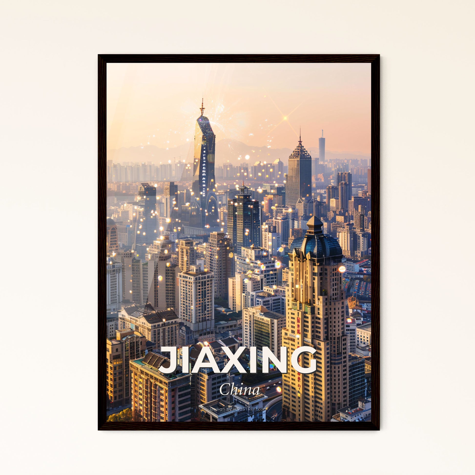 Jiaxing Cityscape Composite Art on Beige - A city with many tall buildings