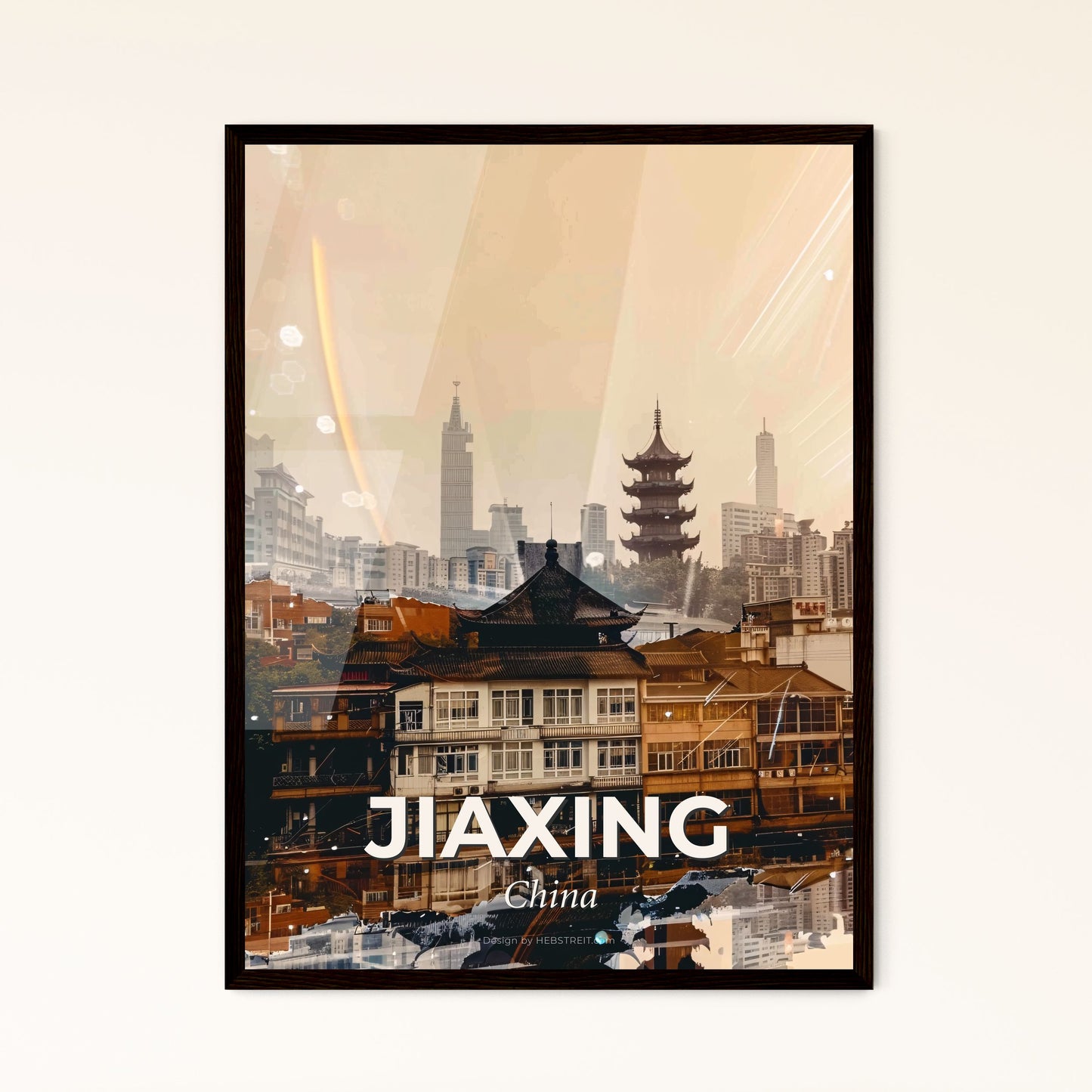 Jiaxing Skyline Art Composite Brights - A city with buildings and a reflection of the sun