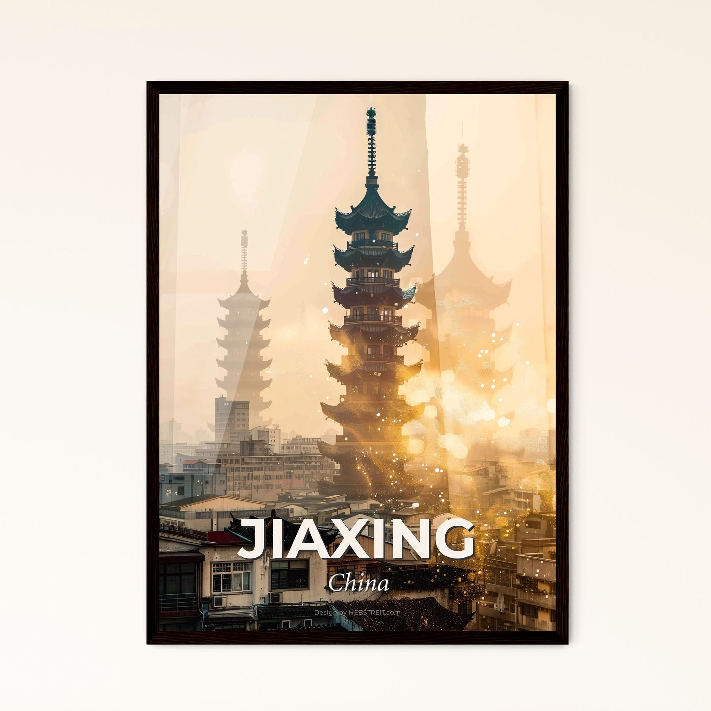 Jiaxing Cityscape Beauty In Double Exposure Art - A tall pagodas in a city