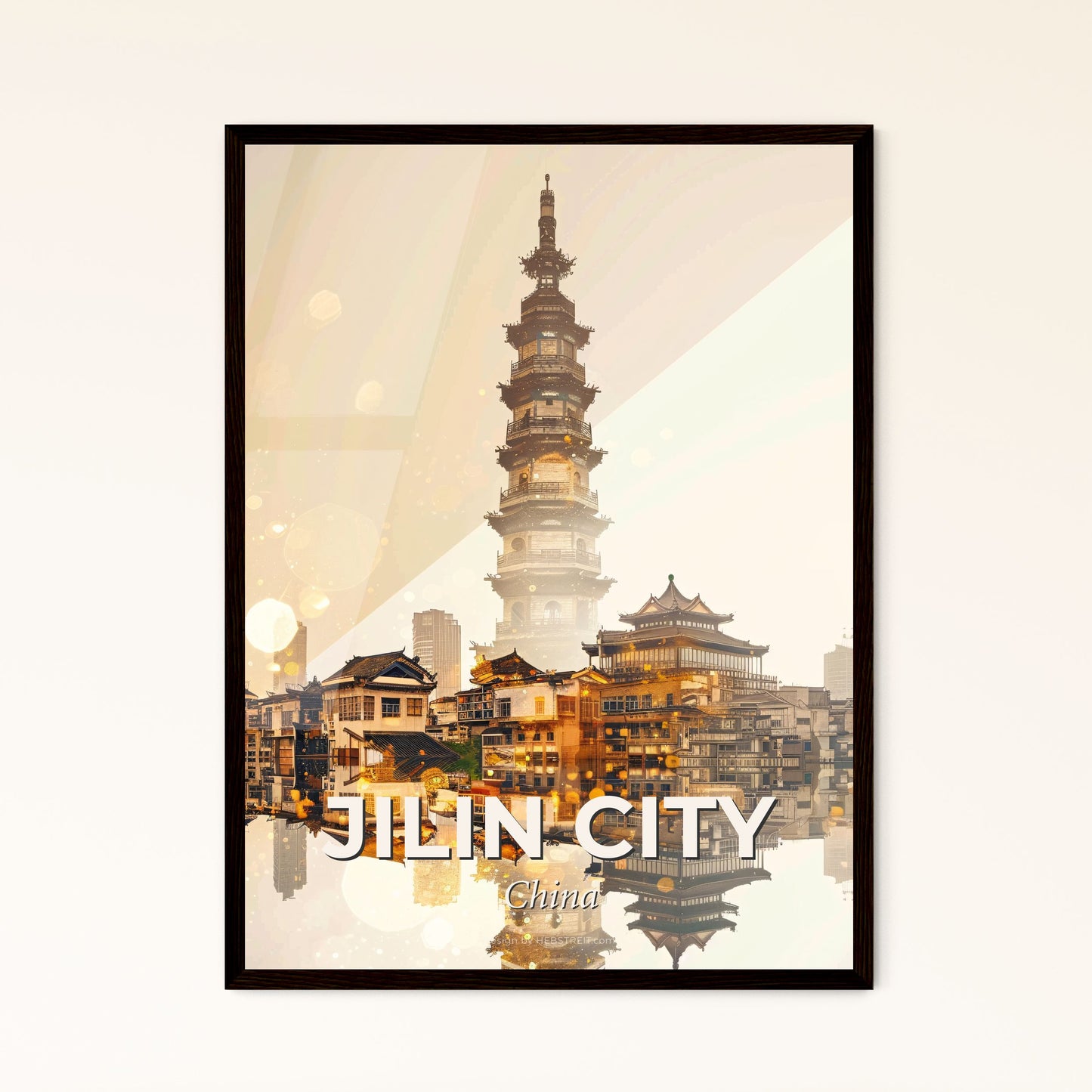 Jilin City Skyline Double Exposure Poster Art - A tall tower in a city